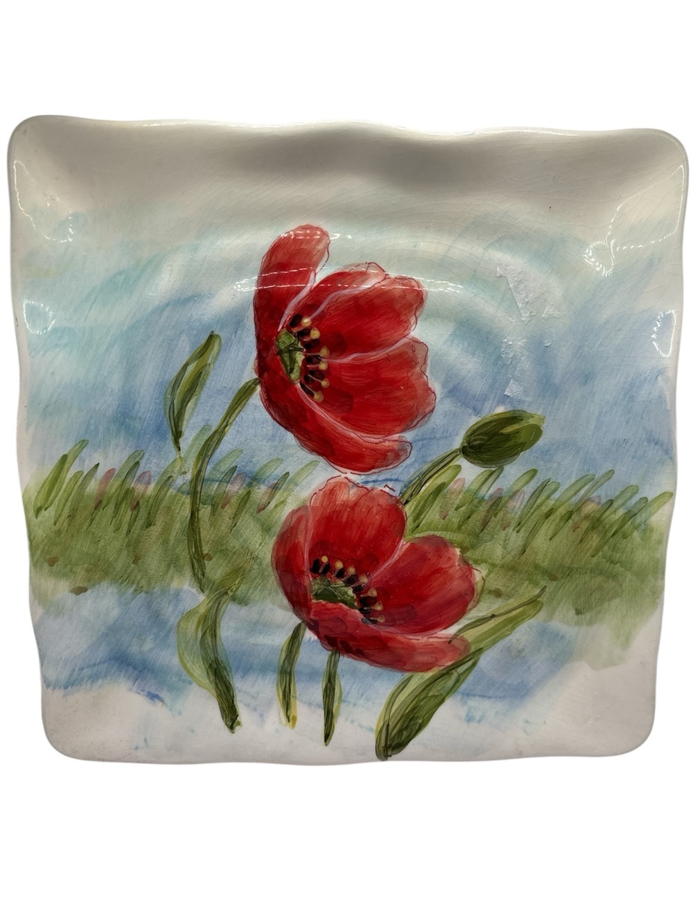 Maxcera Red Poppies Square Scalloped Plate 8 1/2" ‎ Hand-Painted